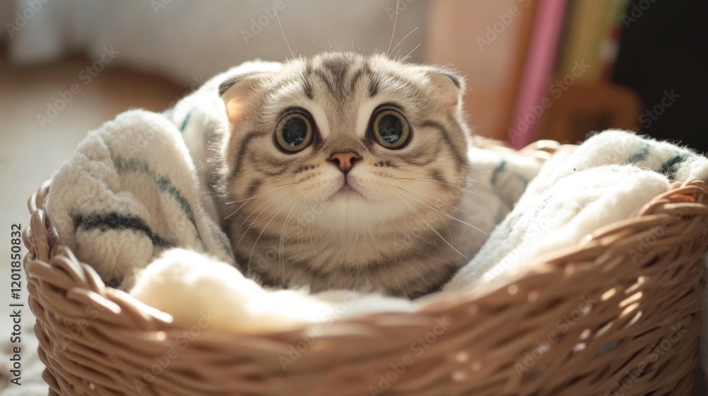 Poster a chubby kitten sitting in a basket filled with soft blankets, looking up with big, curious eyes and