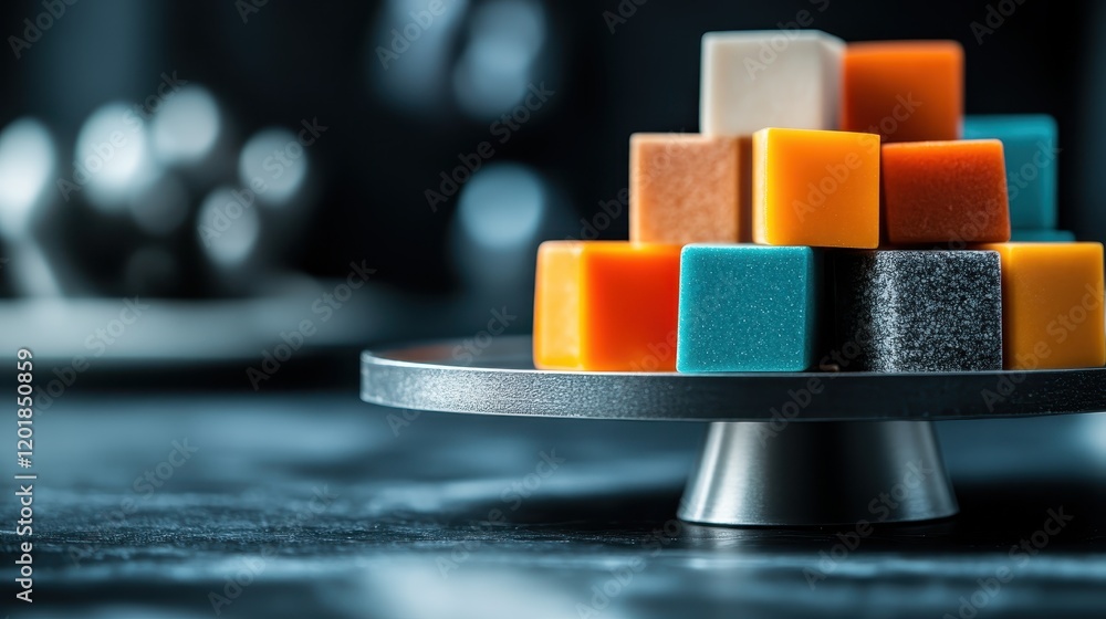 Poster a selection of vibrant, cube-shaped blocks artfully arranged on a sleek platform in muted lighting, 