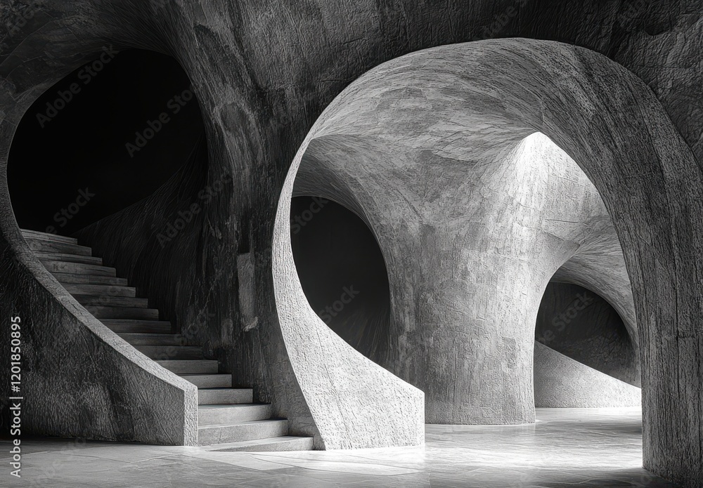 Poster abstract architectural design featuring smooth, flowing curves and dynamic staircases in a modern in