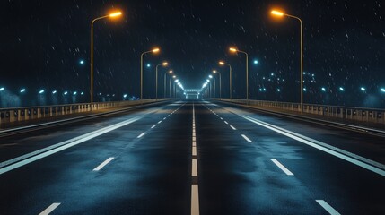 Dreamlike journey on a rain-soaked bridge illuminated by streetlights in a quiet city at night. Generative AI