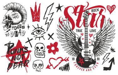 Fototapeta premium Punk rock inspired tattoo designs with guitars