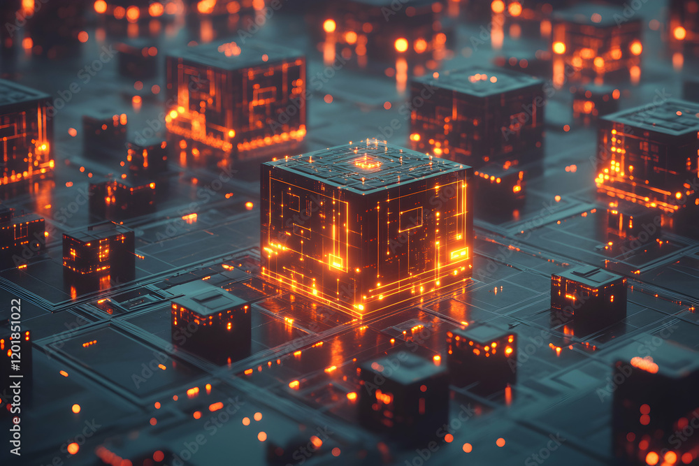 Poster futuristic digital technology, glowing cubes on a circuit board, abstract concept of data processing