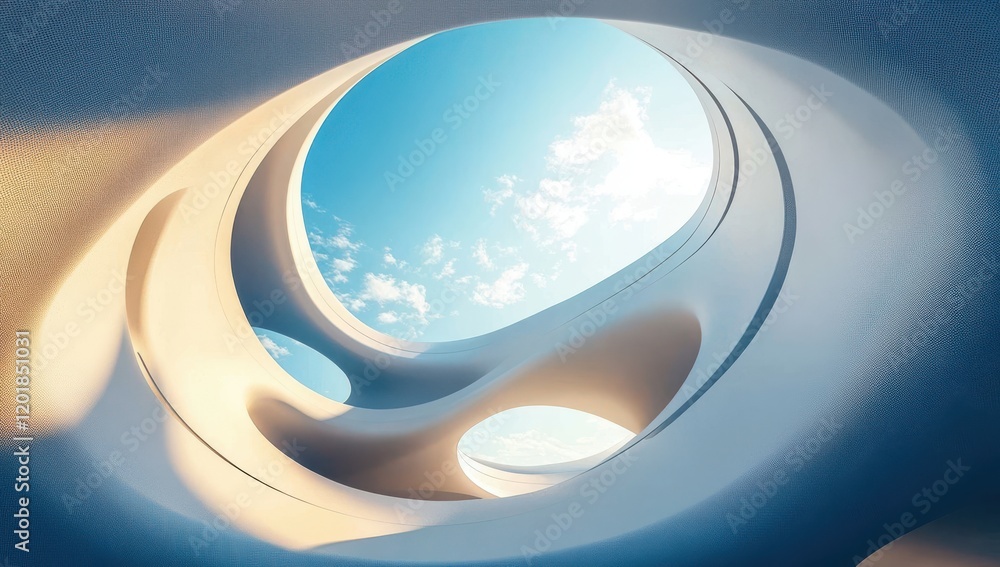 Poster abstract architectural design featuring soft curves and organic forms, illuminated by bright blue sk