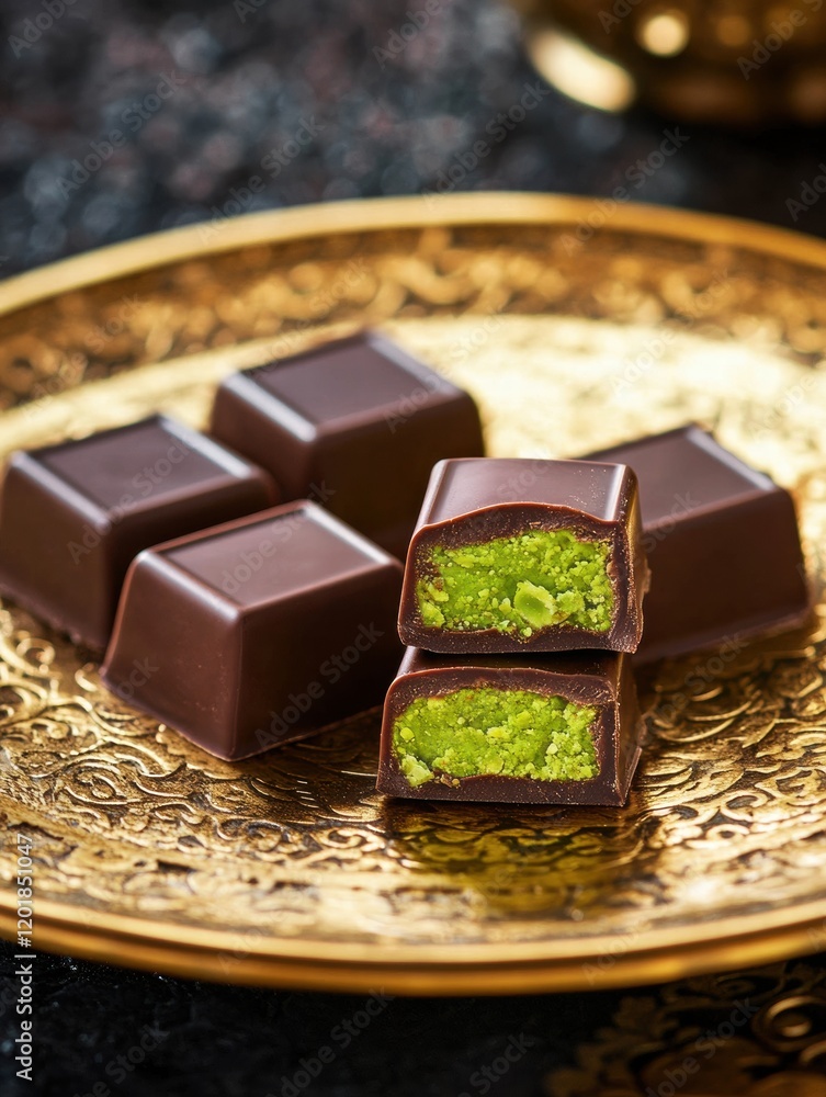 Poster delicious chocolate pieces with pistachio filling displayed on a golden plate surrounded by intricat