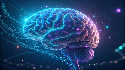 Futuristic AI brain glowing with neon lights, surrounded by digital particles