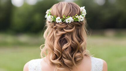 Naklejka premium An elegant half-up half-down wedding hairstyle with intricate curls and a floral headband, perfect for spring brides