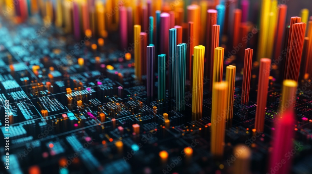 Poster A close-up of a D bar graph on a computer screen, with colorful bars rising from a grid and data points clearly marked, illustrating complex data visualization.