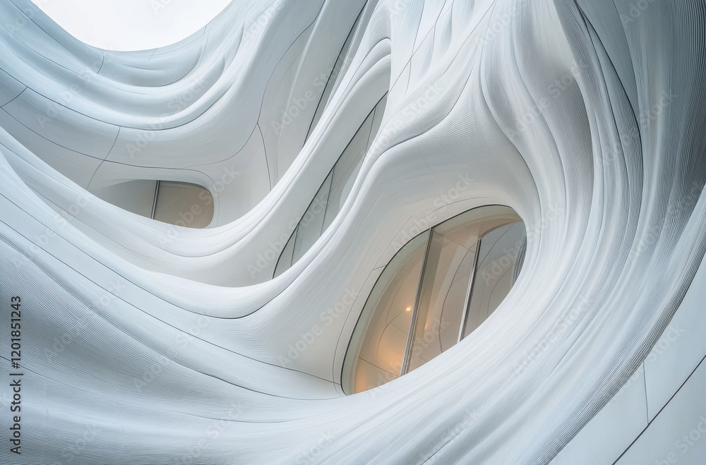 Poster abstract architectural design of a contemporary building featuring curved white facade with fluid li