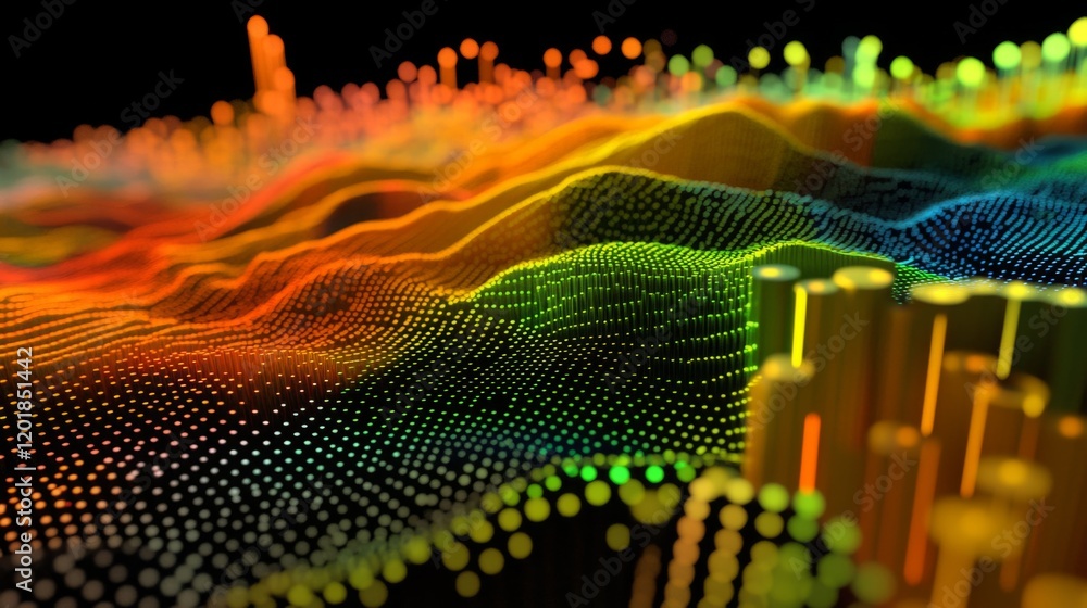 Poster a close-up of a d financial heatmap with color-coded data points and intensity gradients, representi