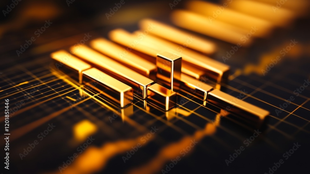 Leinwandbilder a close-up of a d gold bar chart on a digital screen, with gleaming gold bars rising from a grid, re