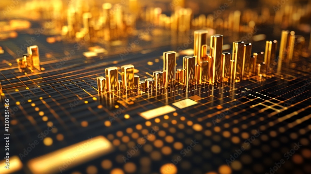 Poster a close-up of a d gold bar chart on a digital screen, with gleaming gold bars rising from a grid, re