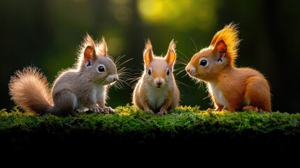 Three red squirrels gathering, forest background, wildlife scene, nature photography