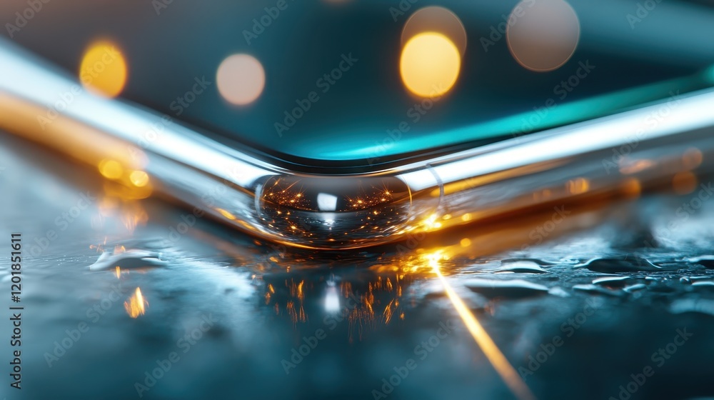 Poster a stylish and abstract close-up captures the edge of a modern smartphone. the reflective surface cre
