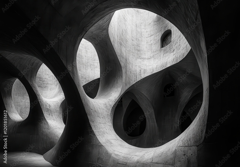 Poster abstract architectural design with curved forms and hollow spaces capturing light and shadows in a m