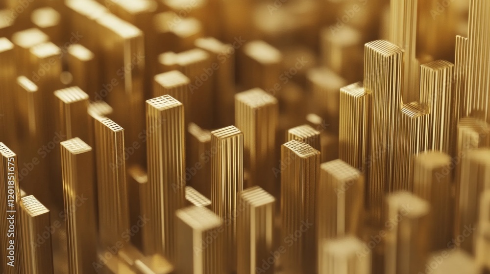 Poster A close-up of a D gold histogram with golden bars of varying heights, representing data distribution across different categories with a touch of luxury.