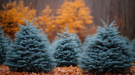 Blue spruce Christmas trees on farm, autumn background. Holiday season imagery