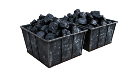 Two wooden containers filled with black coal. The coal pieces are rough and natural, representing energy resources and industrial materials.