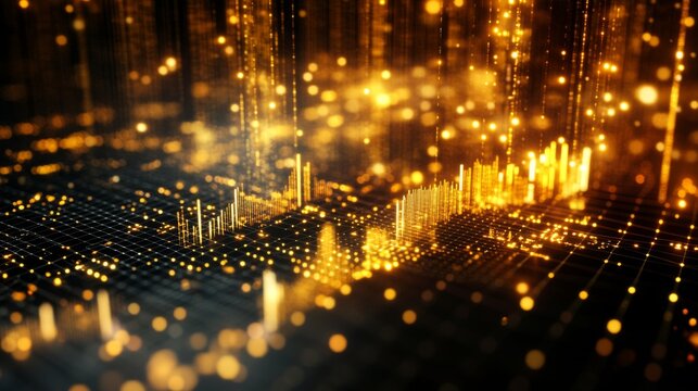 A close-up of a D gold scatter plot with golden data points floating above a grid, showcasing the distribution of investment values in a high-end, dynamic presentation.