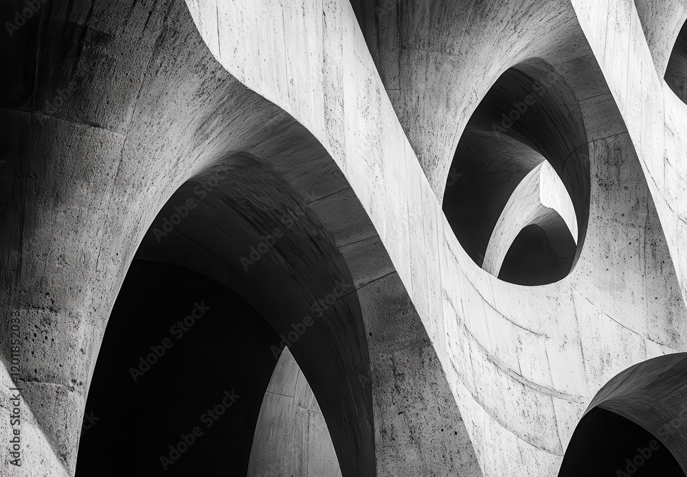 Poster abstract architectural design with dynamic curves and geometric shapes in monochrome, showcasing inn