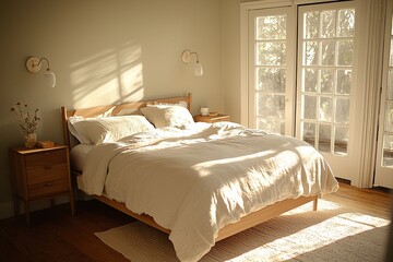 Minimalist, modern Scandinavian interior design in a bedroom with a sleeping bed. Generative AI
