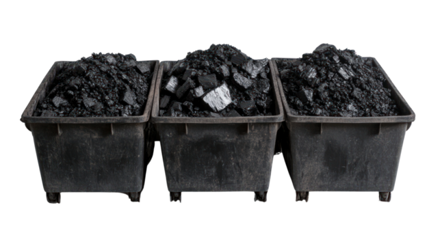 Three containers filled with coal, showcasing industrial materials used in energy production and manufacturing processes. Ideal for economy topics.