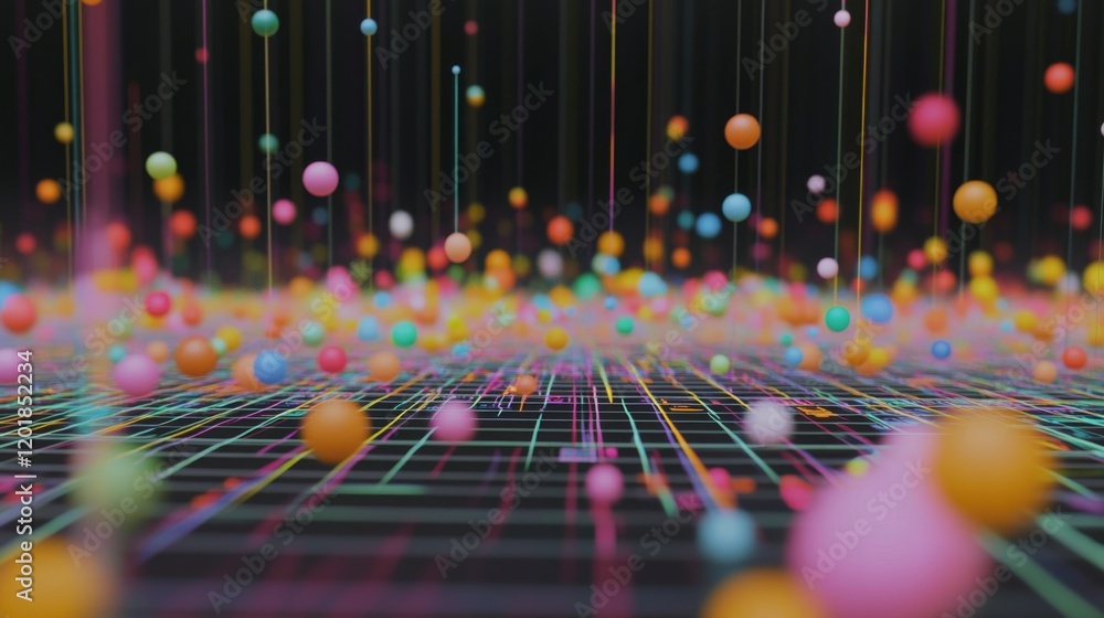 Leinwandbilder A close-up of a D scatter plot with data points floating above a grid, using various colors and sizes to represent different financial data sets and trends.