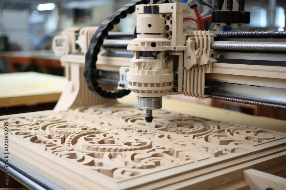 Aufkleber automated cnc router precisely carving intricate design into wood material, showcasing advanced manu