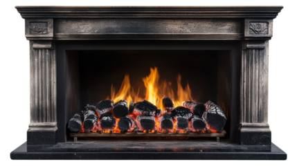 A cozy fireplace with bright flames and glowing embers creates a warm atmosphere, perfect for relaxation and comfort during cold evenings.