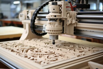 Automated cnc router precisely carving intricate design into wood material, showcasing advanced manufacturing technology in woodworking