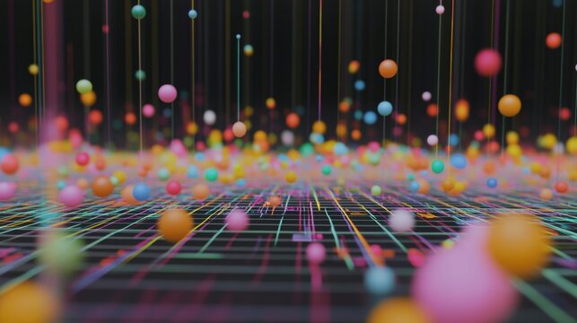 A close-up of a D scatter plot with data points floating above a grid, using various colors and sizes to represent different financial data sets and trends.