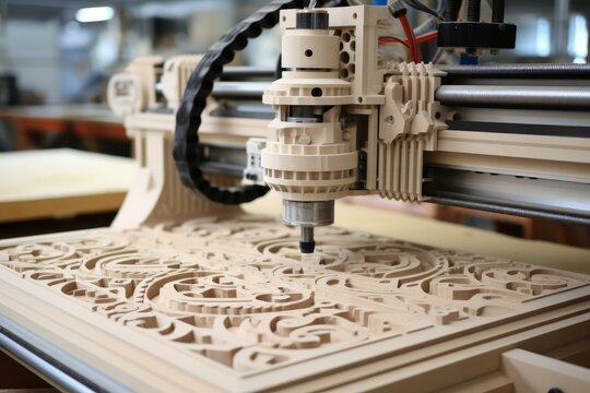 Automated cnc router precisely carving intricate design into wood material, showcasing advanced manufacturing technology in woodworking