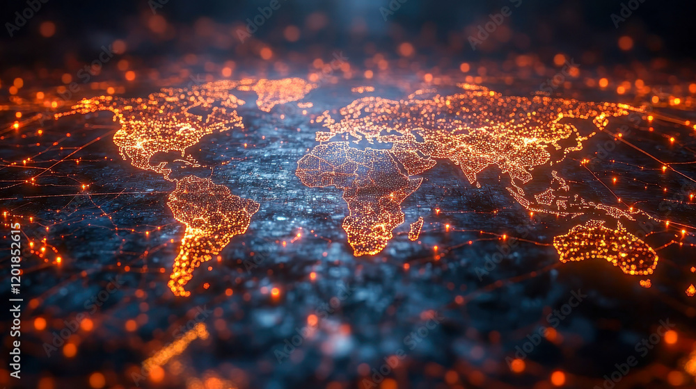 Poster a glowing digital map of the world with highlighted business connections and networks