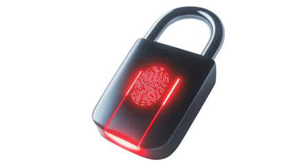 A modern digital padlock features a fingerprint scanner and a luminous red light, symbolizing advanced security and privacy in technology.