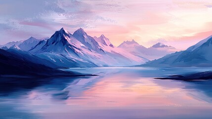 Serene sunset over snow-capped mountains reflected in a calm lake.