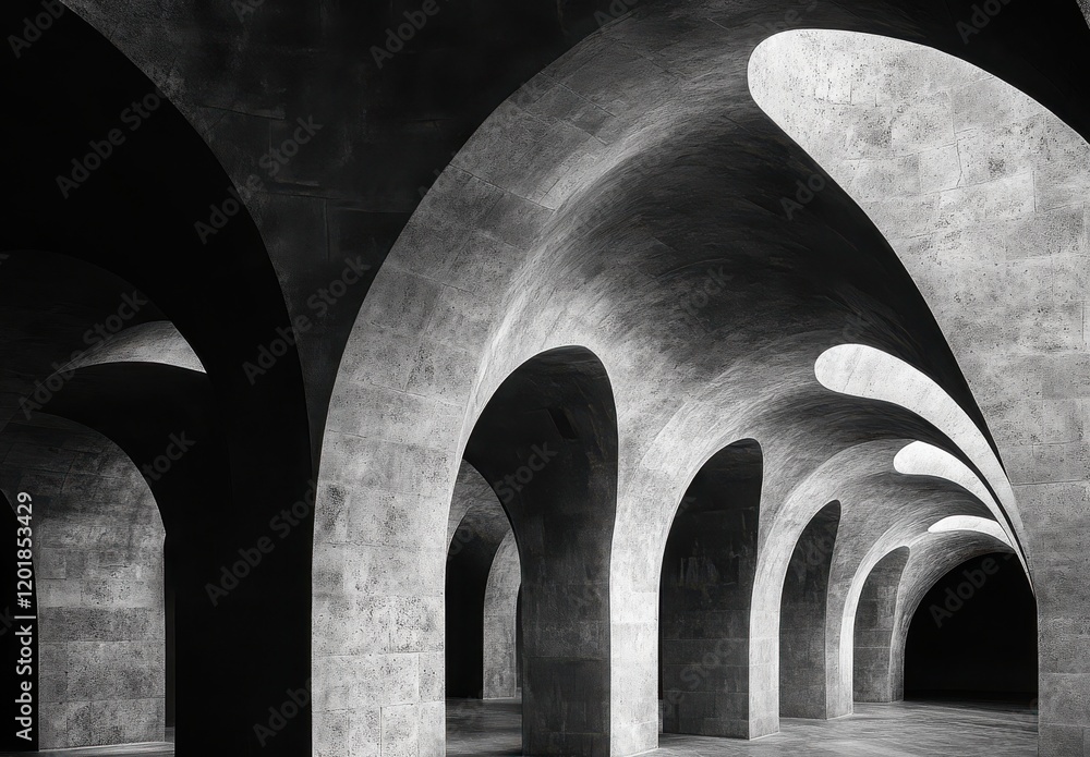 Poster abstract architectural space with curved arches and dramatic lighting creating a unique interplay of