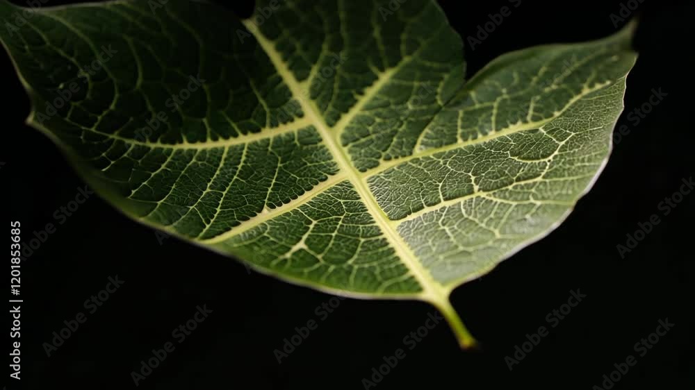 Poster tilt down video to reveal a textured leaf with a light pattern projected onto it, isolated on a dark