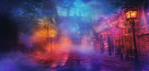 Fototapeta premium Frontal view of a vibrant fantasy cityscape merging with urban textures, illuminated by neon lights, ethereal fog, photorealistic detail, digital painting style