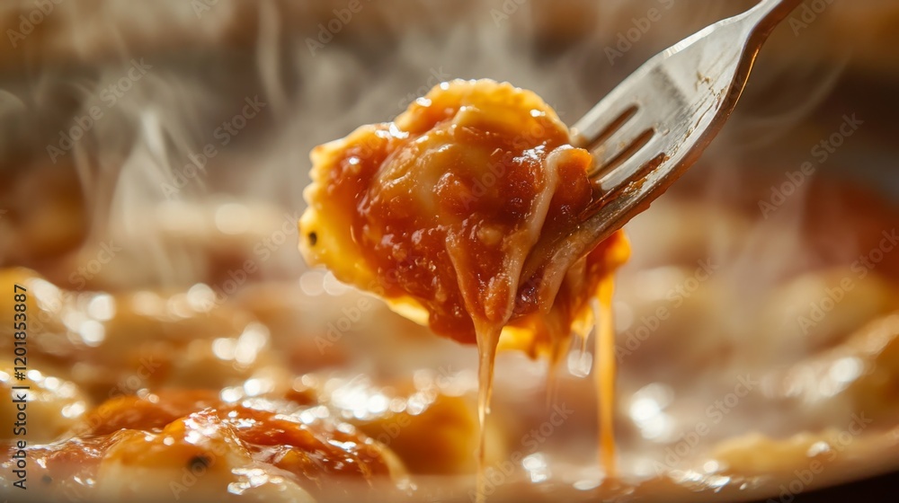 Poster a close-up of a fork twirling ravioli with a rich sauce, capturing the deliciousness and texture of 