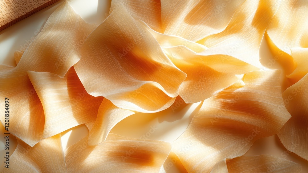 Poster undulating sheets of golden-hued pasta create a fluid and abstract pattern, evoking a sense of motio
