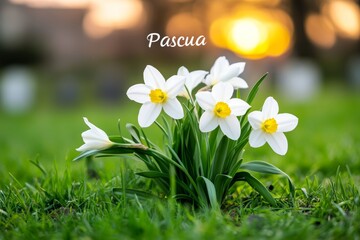 Pascua en un tranquilo cementerio al amanecer con lirios blancos florecientes