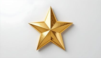 Obraz premium Étoile dorée brillante à cinq branches centrée sur fond blanc uni. Symbole Sapin Noël.