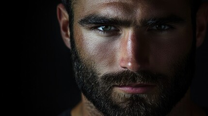 Close-up portrait of a handsome man with intense green eyes and a beard.