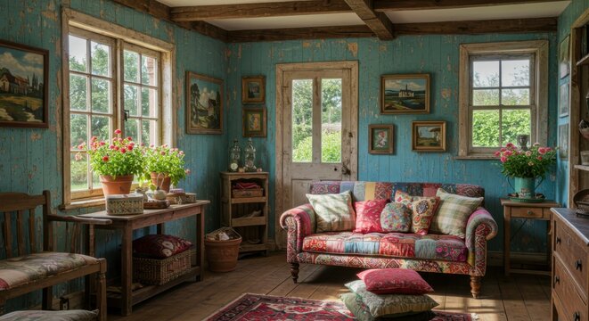 Cozy cottage interior, rustic living room, floral patterned sofa, colorful throw pillows, teal blue walls, wooden ceiling beams, large windows, natural light, potted plants, landscape paintings, vinta
