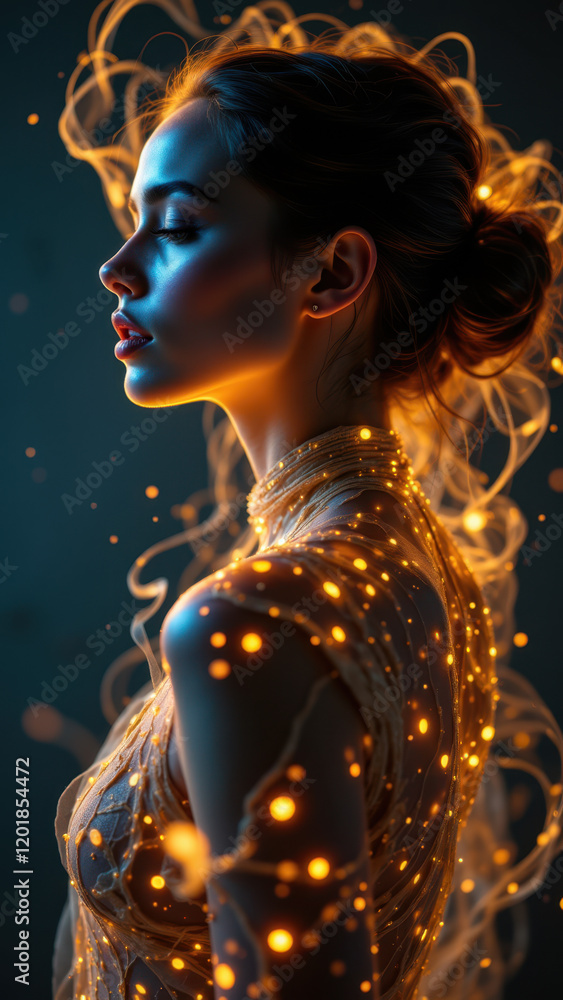 Poster a stunning ai-generated rendering of an ethereal ai girlfriend with glowing particles and futuristic
