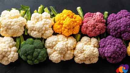 Colorful cauliflower and broccoli arrangement; vibrant vegetables on dark background; healthy food photography; recipe inspiration