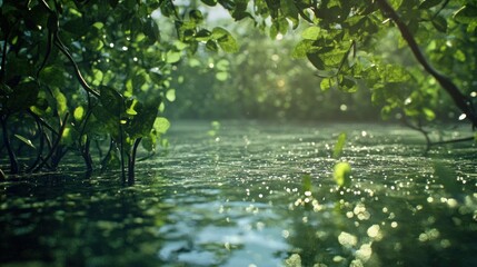 Naklejka premium Lush foliage and sparkling water surface create a tranquil scene in a swamp