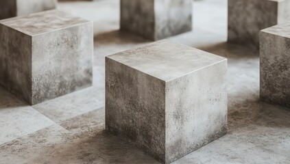 Abstract arrangement of textured concrete cubes in a modern indoor space, showcasing a minimalistic aesthetic and unique geometric patterns, suitable for artistic inspiration.
