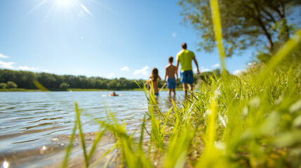 family enjoying sunny day by spring lake, surrounded by nature