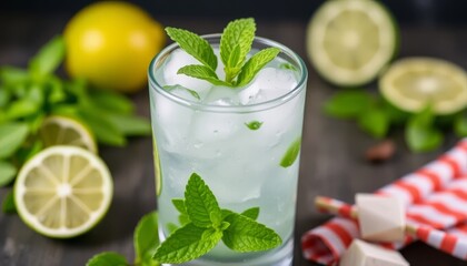 Fototapeta premium Refreshing Lime and Mint Cocktails on a Wooden Table