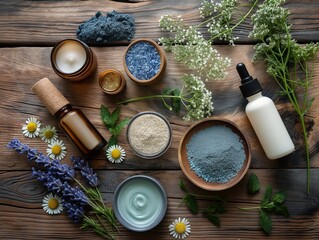 Skincare routine with organic products on a rustic wooden table, natural beauty